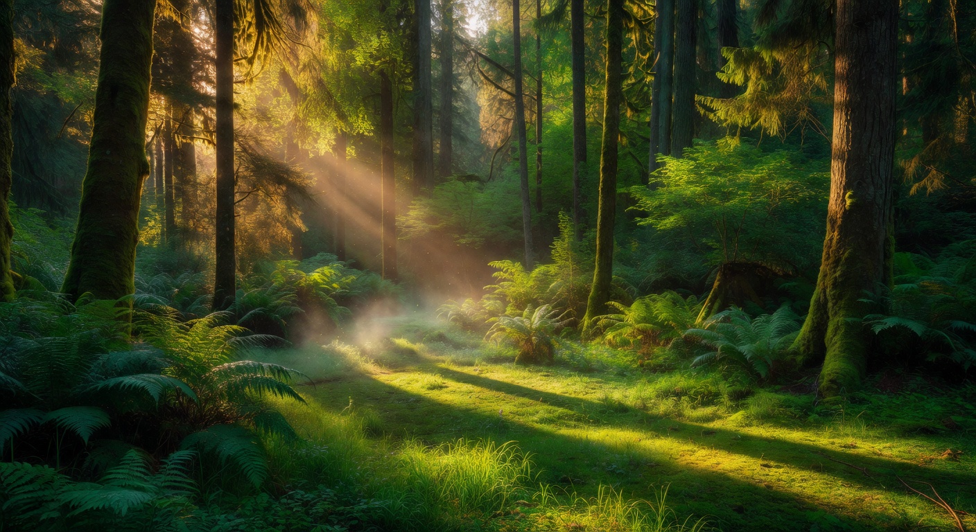 Calm green forest with soft golden sunlight