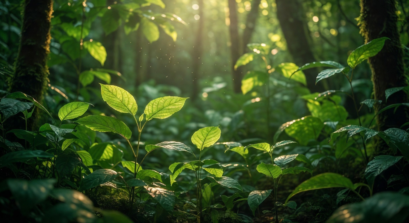 Glowing green forest leaves with soft sunlight