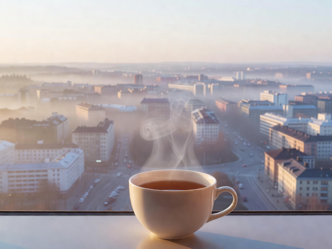 Rauhallinen aamunäkymä ja teekuppi