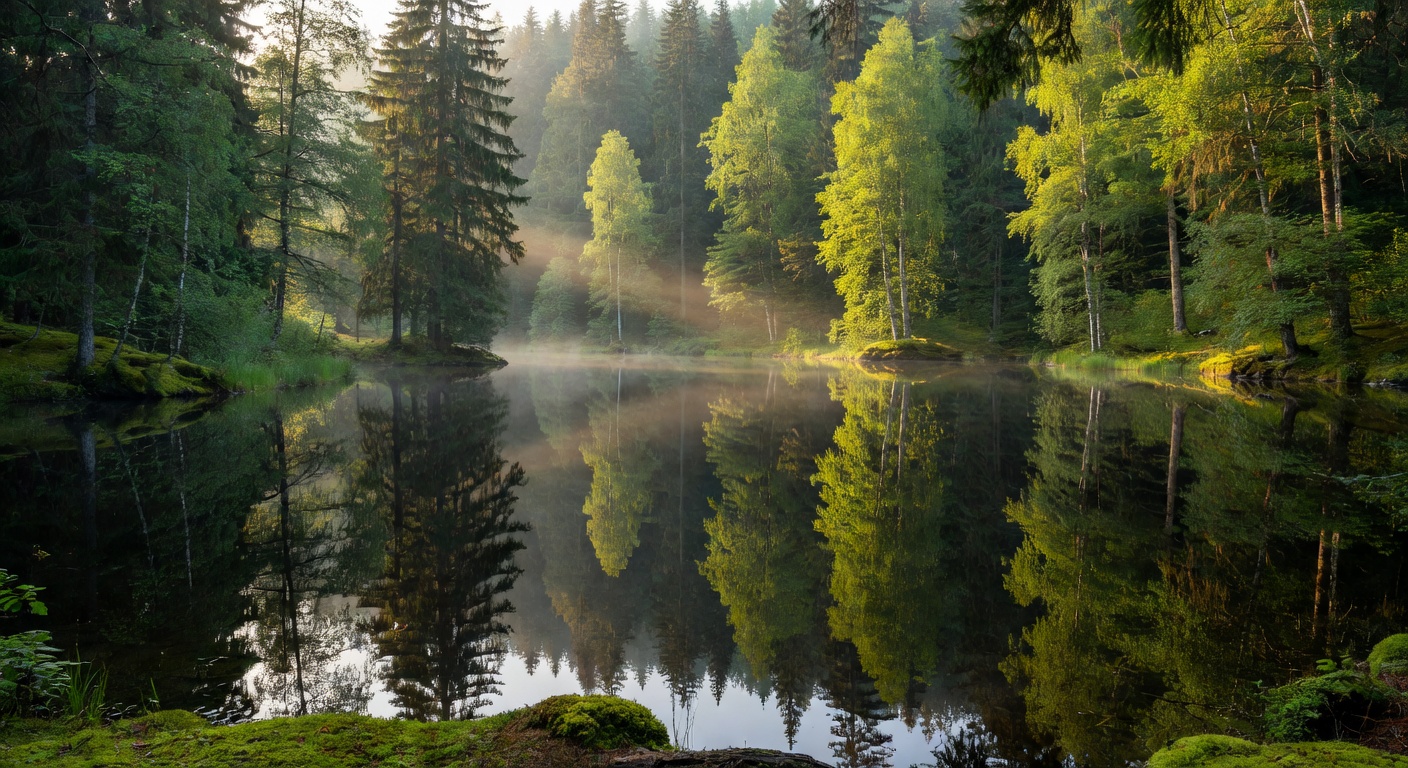 Quiet forest lake reflecting green trees