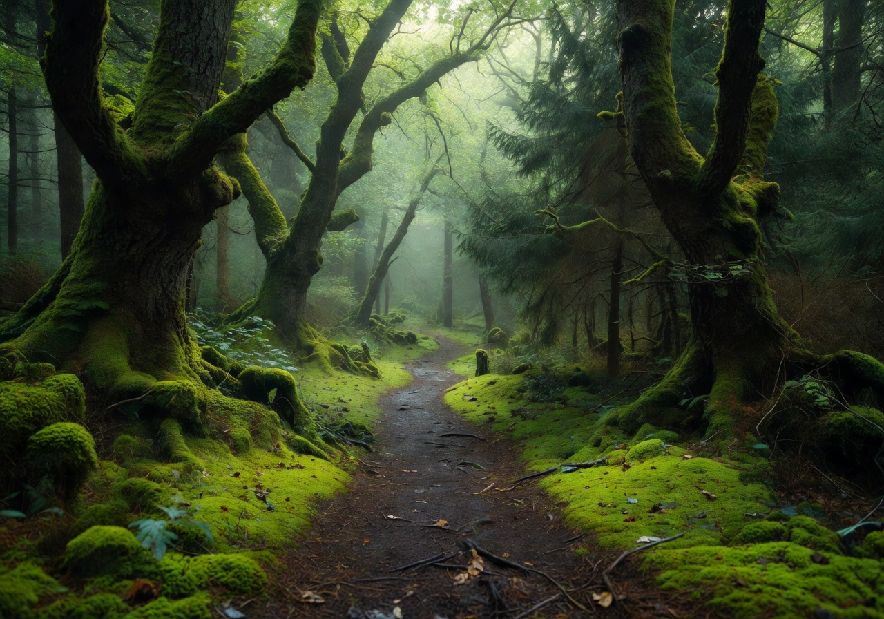 Quiet mossy forest path with soft green light