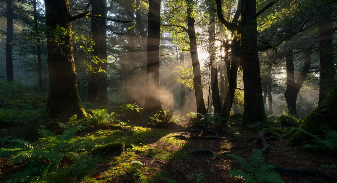 Sunlight streaming through forest trees