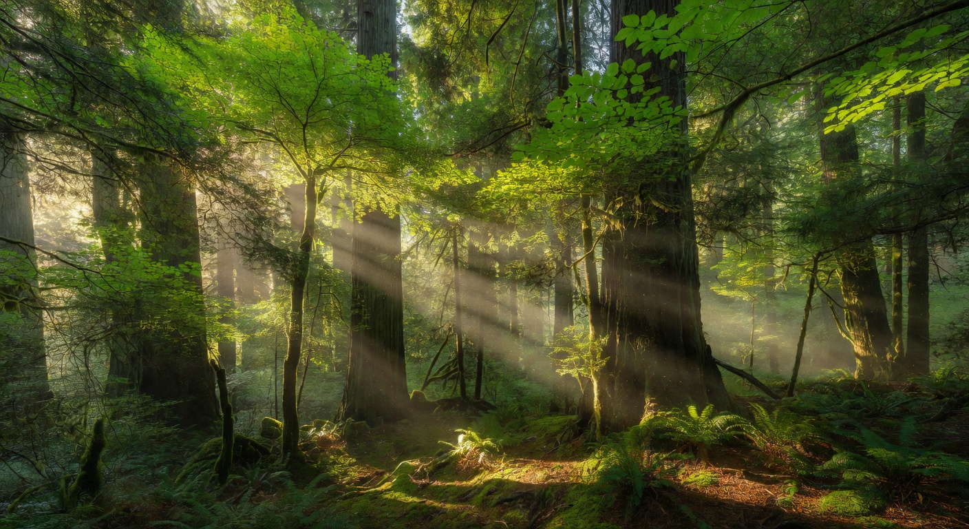 Sunlit forest canopy with soft light rays