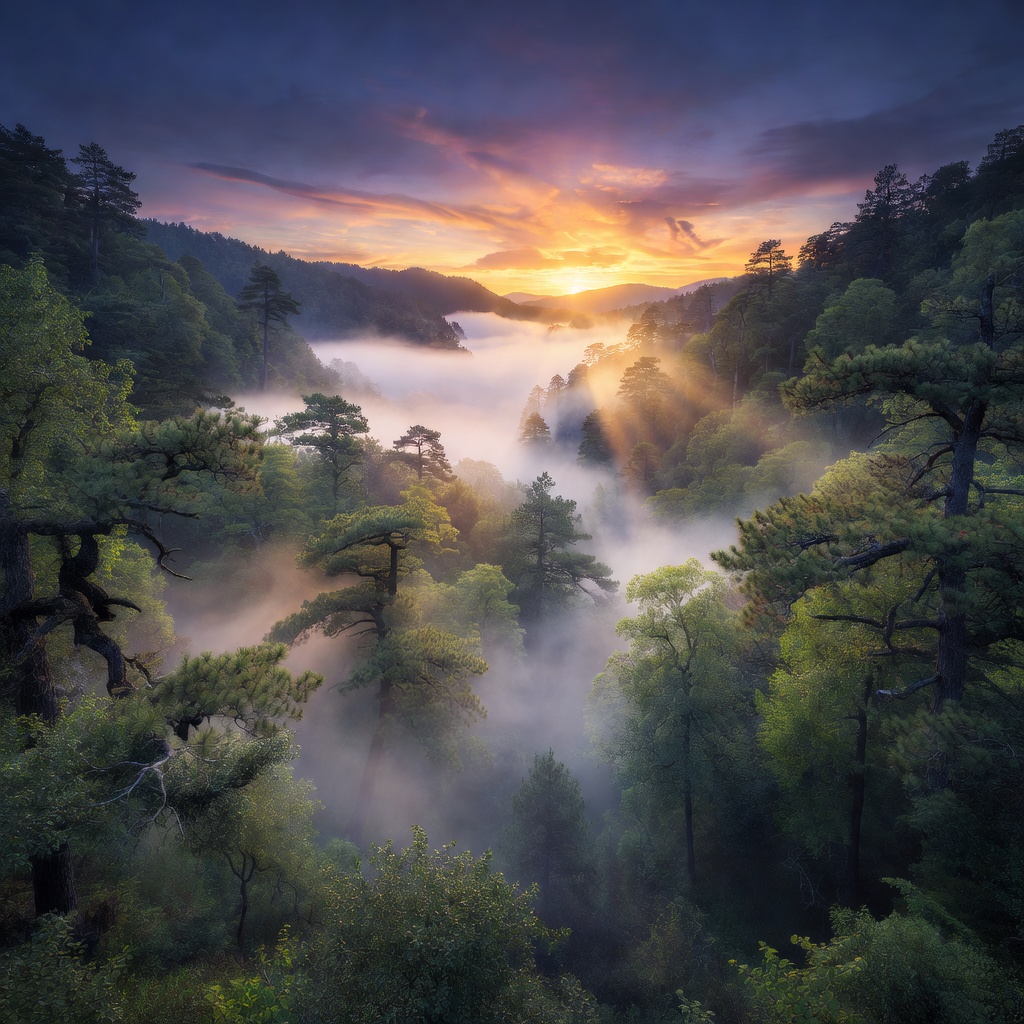 Sunrise over a misty forest valley