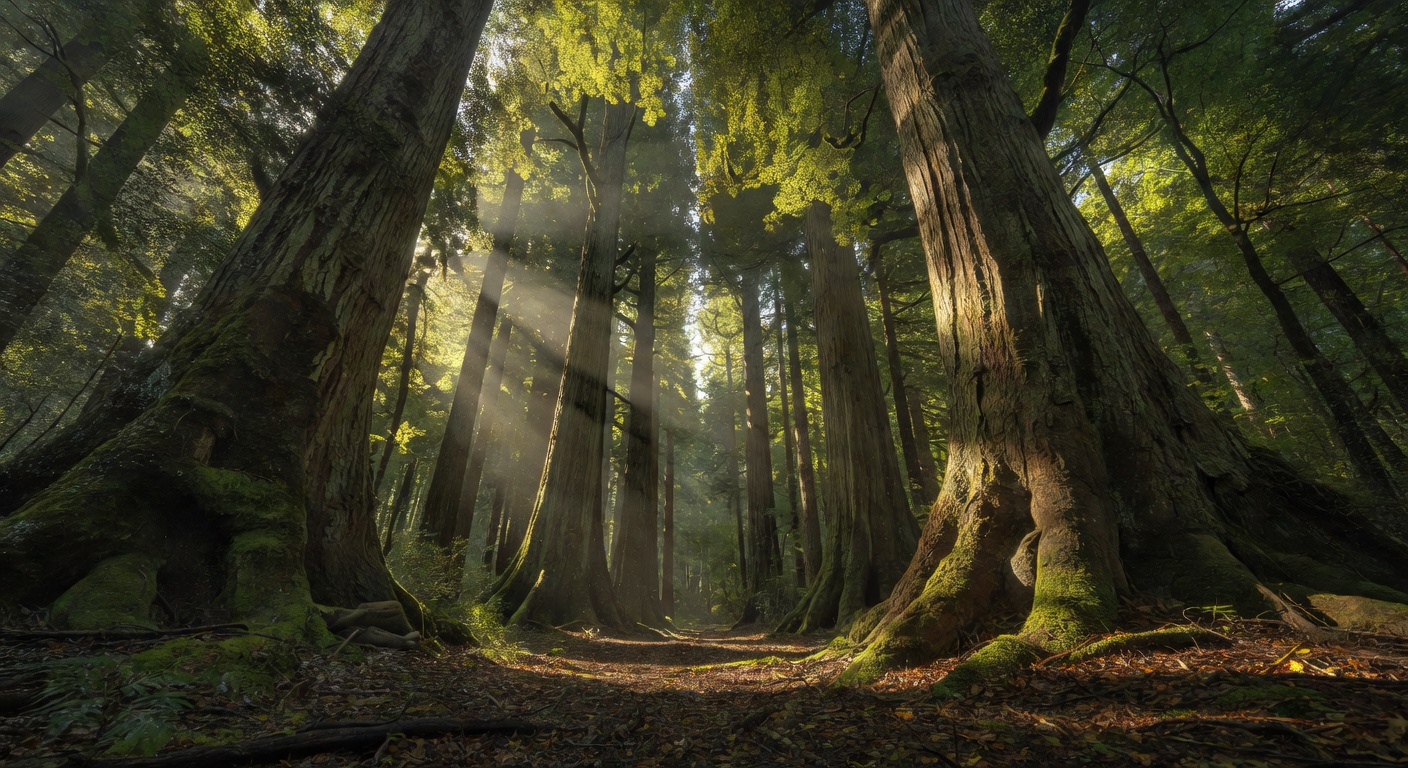 Tall forest trees from ground perspective