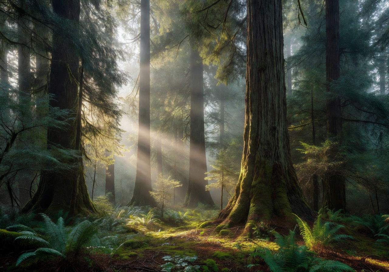 Tall forest trees in soft morning light